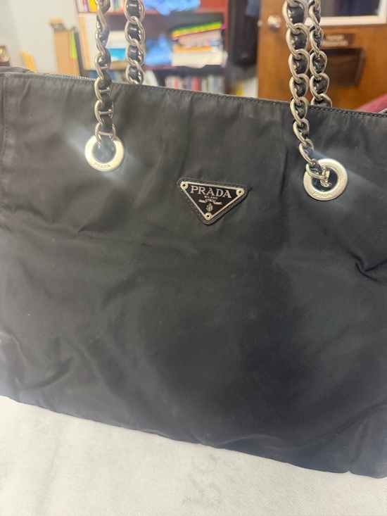 Prada Handbags - Prada Black Nylon Chain-Handle Tote with Silver Hardware